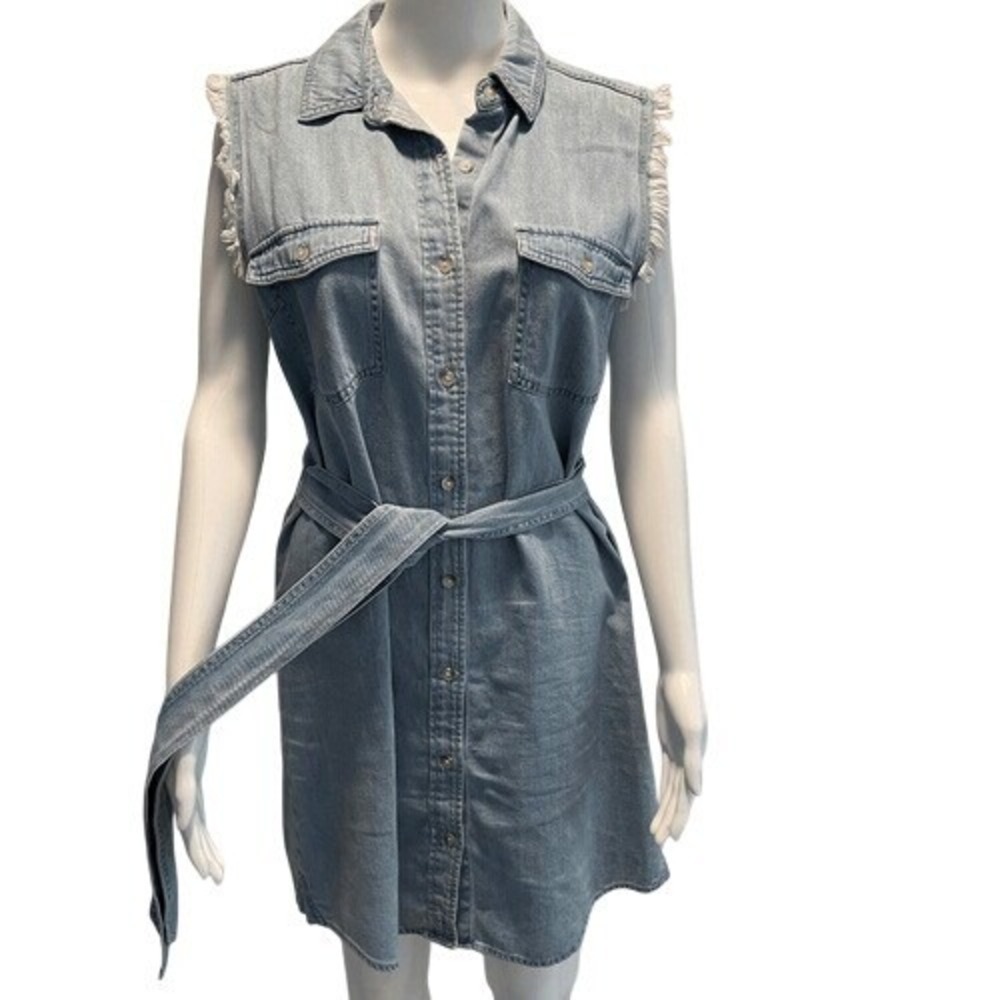 7 For All Mankind Chambray Sleeveless Belted Shirt Dress Light Blue Size S - Picture 5 of 11